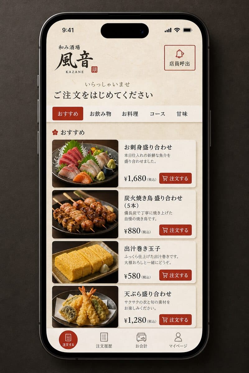 和モダンテイストの注文画面デザインイメージ（AI生成の参考ビジュアル）