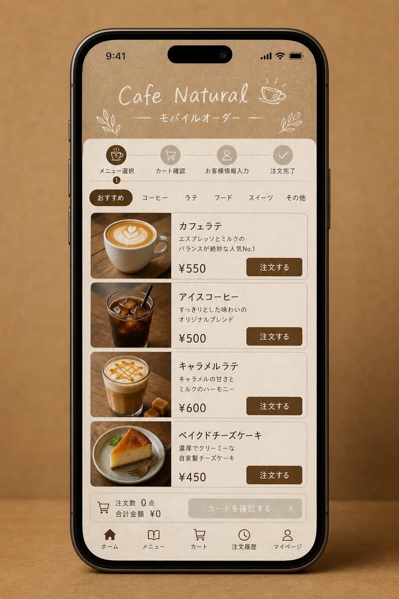 カフェテイストの注文画面デザインイメージ（AI生成の参考ビジュアル）