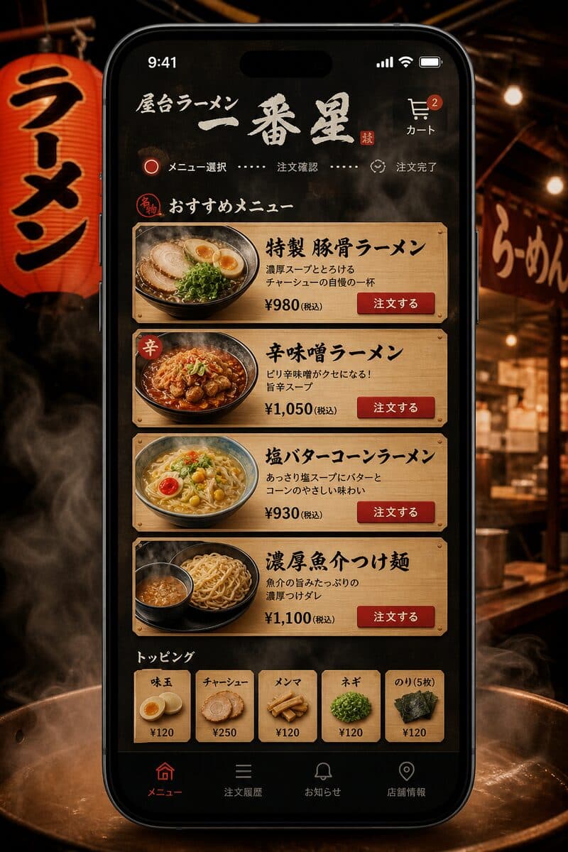 ラーメンテイストの注文画面デザインイメージ（AI生成の参考ビジュアル）