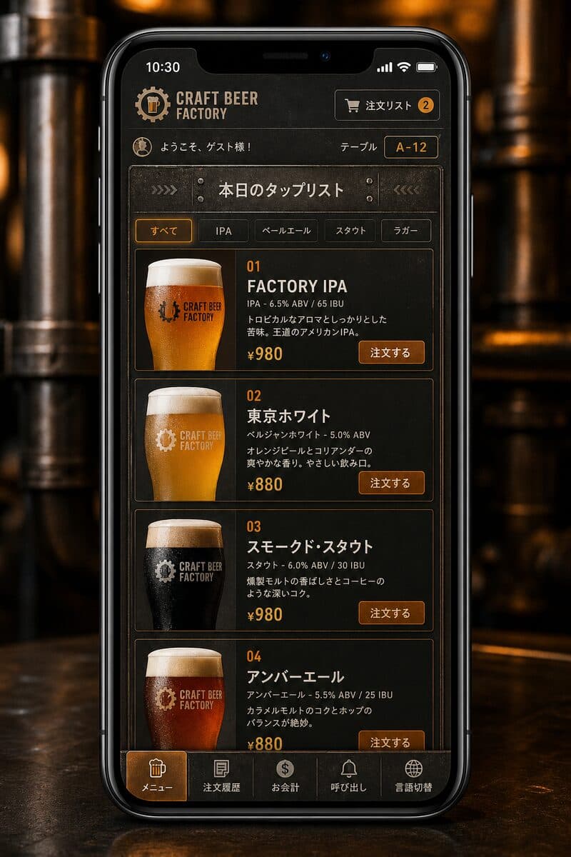 クラフトビールテイストの注文画面デザインイメージ（AI生成の参考ビジュアル）